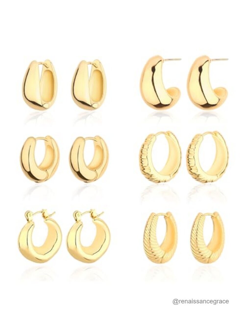 6 Pairs Chunky Gold Plated Hoop Earrings Set for Women Hypoallergenic